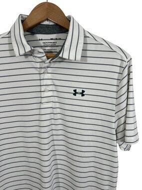 Under Armour Playoff Polo Shirt Men’s Medium White Gray Stripe HeatGear Golf